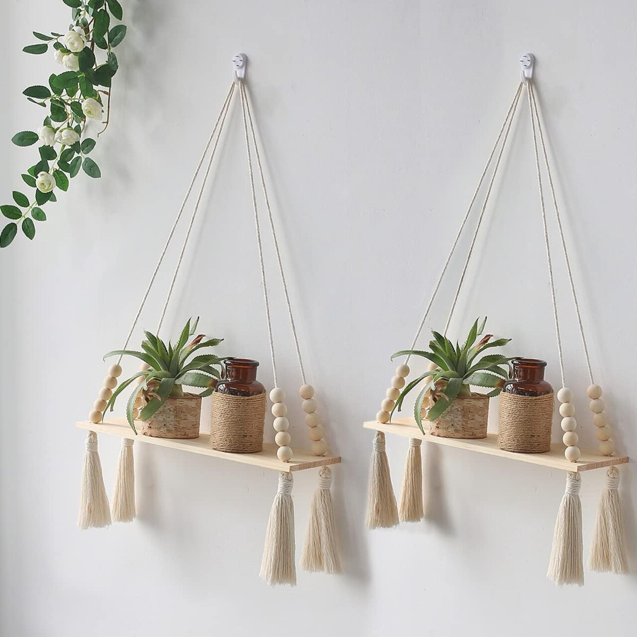 2-Pack Macramé Wooden Wall Hanging Shelves – Boho Floating Plant Shelves with Tassels, Handmade Rustic Storage & Display Rack for Pots, Planters, and Home Decor